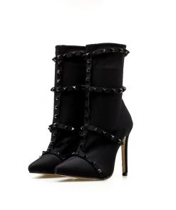 Trendy & Unique What's New Unique Studs Strap Pointed Toe Stiletto Heel Mid Calf Boots - Black