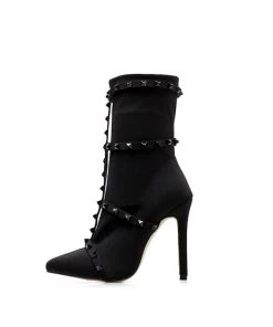 Trendy & Unique What's New Unique Studs Strap Pointed Toe Stiletto Heel Mid Calf Boots - Black
