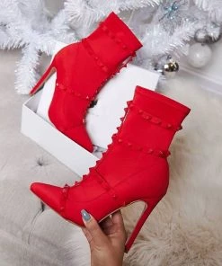Trendy & Unique Unique Studs Strap Pointed Toe Stiletto Heel Mid Calf Boots - Red