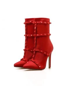 Trendy & Unique Unique Studs Strap Pointed Toe Stiletto Heel Mid Calf Boots - Red