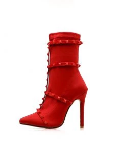 Trendy & Unique Unique Studs Strap Pointed Toe Stiletto Heel Mid Calf Boots - Red
