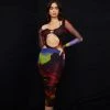 Trendy & Unique Unique Tie Dye Cut Out Halter Long Sleeve Midi Dress - Multicolor