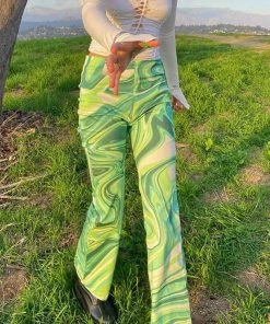 Trendy & Unique Unique Tie Dye High Waist Zipper Front Flare Pants - Green What's New