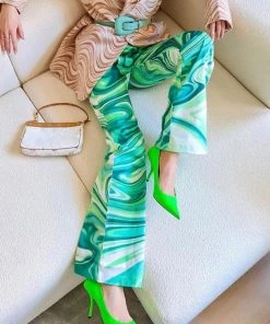 Trendy & Unique Unique Tie Dye High Waist Zipper Front Flare Pants - Green What's New