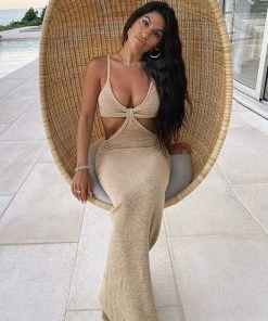Trendy & Unique What's New Vacation Ready Deep V Neck Cut Out Sweater Maxi Dress - Khaki