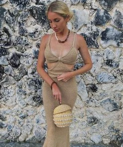 Trendy & Unique What's New Vacation Ready Deep V Neck Cut Out Sweater Maxi Dress - Khaki