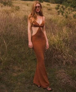 Trendy & Unique What's New Vacation Ready Deep V Neck Cut Out Sweater Maxi Dress - Rust