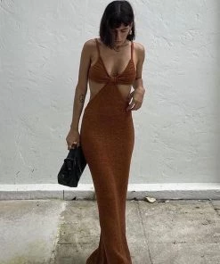 Trendy & Unique What's New Vacation Ready Deep V Neck Cut Out Sweater Maxi Dress - Rust