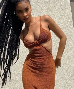 Trendy & Unique What's New Vacation Ready Deep V Neck Cut Out Sweater Maxi Dress - Rust