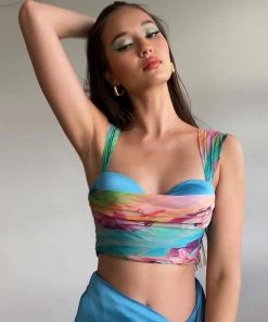 Trendy & Unique Vacation Ready Draped Bustier Suspender Strap Crop Tank Top - Blue