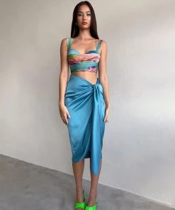 Trendy & Unique Vacation Ready Draped Bustier Suspender Strap Crop Tank Top - Blue