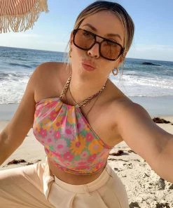 Trendy & Unique Vacation Ready Floral Printed Chunky Chain Crop Halter Top - Pink What's New 8 Trendy & Unique Vacation Ready Floral Printed Chunky Chain Crop Halter Top - Pink What's New