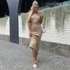 Trendy & Unique Vacation Ready Halter Neck Cut Out Side Sweater Maxi Dress - Khaki