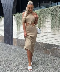 Trendy & Unique Vacation Ready Halter Neck Cut Out Side Sweater Maxi Dress - Khaki