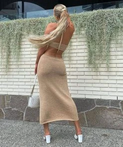 Trendy & Unique Vacation Ready Halter Neck Cut Out Side Sweater Maxi Dress - Khaki