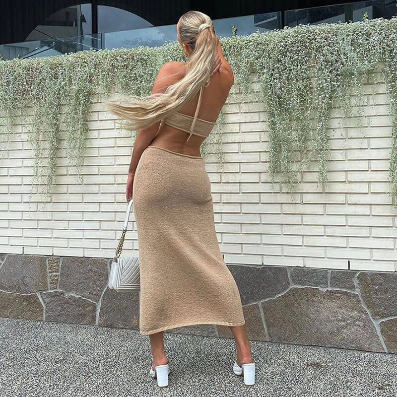 Trendy & Unique Vacation Ready Halter Neck Cut Out Side Sweater Maxi Dress - Khaki 4 Trendy & Unique Vacation Ready Halter Neck Cut Out Side Sweater Maxi Dress - Khaki