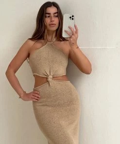 Trendy & Unique Vacation Ready Halter Neck Cut Out Side Sweater Maxi Dress - Khaki 11 Trendy & Unique Vacation Ready Halter Neck Cut Out Side Sweater Maxi Dress - Khaki