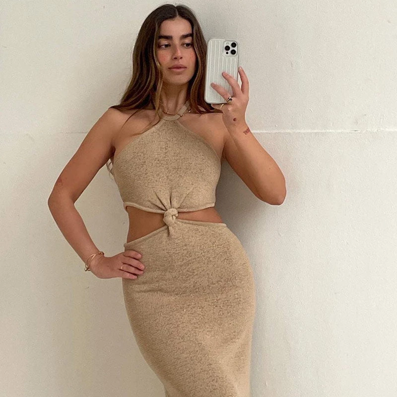 Trendy & Unique Vacation Ready Halter Neck Cut Out Side Sweater Maxi Dress - Khaki 7 Trendy & Unique Vacation Ready Halter Neck Cut Out Side Sweater Maxi Dress - Khaki