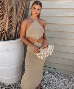 Trendy & Unique Vacation Ready Halter Neck Cut Out Side Sweater Maxi Dress - Khaki 9 Trendy & Unique Vacation Ready Halter Neck Cut Out Side Sweater Maxi Dress - Khaki