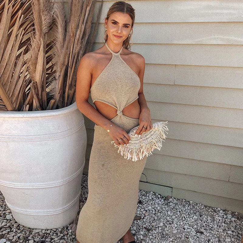 Trendy & Unique Vacation Ready Halter Neck Cut Out Side Sweater Maxi Dress - Khaki 5 Trendy & Unique Vacation Ready Halter Neck Cut Out Side Sweater Maxi Dress - Khaki