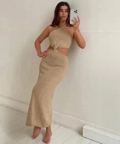 Trendy & Unique Vacation Ready Halter Neck Cut Out Side Sweater Maxi Dress - Khaki 10 Trendy & Unique Vacation Ready Halter Neck Cut Out Side Sweater Maxi Dress - Khaki