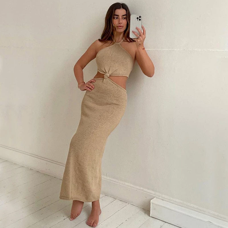 Trendy & Unique Vacation Ready Halter Neck Cut Out Side Sweater Maxi Dress - Khaki 6 Trendy & Unique Vacation Ready Halter Neck Cut Out Side Sweater Maxi Dress - Khaki