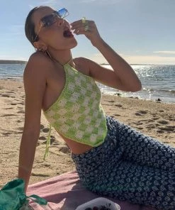Trendy & Unique What's New Vacation Ready Plaid Panel Backless Knitted Halter Top - Green