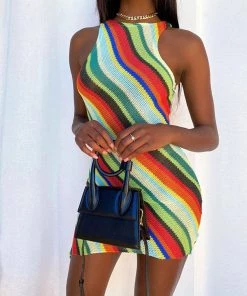 Trendy & Unique What's New Vacation Ready Rainbow Stripe Sleeveless Sweater Dress - Multicolor
