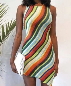 Trendy & Unique What's New Vacation Ready Rainbow Stripe Sleeveless Sweater Dress - Multicolor