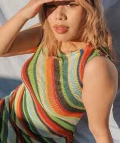 Trendy & Unique What's New Vacation Ready Rainbow Stripe Sleeveless Sweater Dress - Multicolor