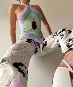 Trendy & Unique Vacation Ready Striped Panel Backless Knitted Halter Top - Multicolor What's New