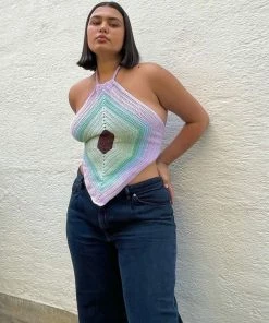 Trendy & Unique Vacation Ready Striped Panel Backless Knitted Halter Top - Multicolor What's New