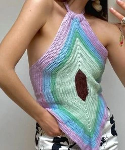 Trendy & Unique Vacation Ready Striped Panel Backless Knitted Halter Top - Multicolor What's New