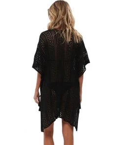 Trendy & Unique Vacation Ready V Neck Side Slit Pullover Crochet Cover Up - Black