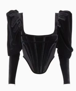 Trendy & Unique What's New Vintage Velvet Ruched Puff Sleeve Square Neck Boned Corset Top - Black