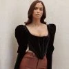 Trendy & Unique What's New Vintage Velvet Ruched Puff Sleeve Square Neck Boned Corset Top - Black