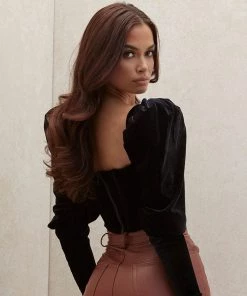 Trendy & Unique What's New Vintage Velvet Ruched Puff Sleeve Square Neck Boned Corset Top - Black