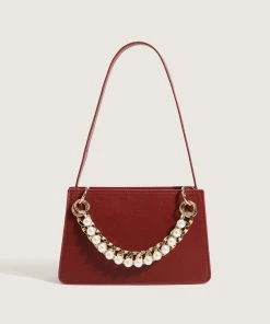 Trendy & Unique Versatile Peal Trim Chunky Chain Zip Top Leather Shoulder Bag - Red