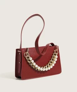 Trendy & Unique Versatile Peal Trim Chunky Chain Zip Top Leather Shoulder Bag - Red