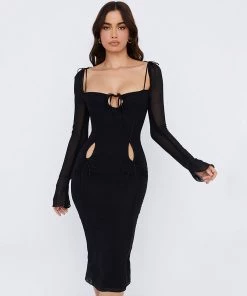 Trendy & Unique What's New Versatile Square Neck Long Sleeve Bodycon Cut Out Midi Dress - Black