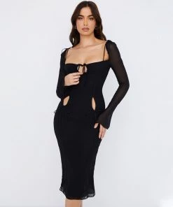 Trendy & Unique What's New Versatile Square Neck Long Sleeve Bodycon Cut Out Midi Dress - Black