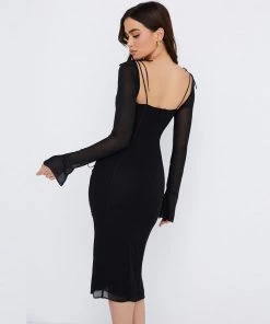 Trendy & Unique What's New Versatile Square Neck Long Sleeve Bodycon Cut Out Midi Dress - Black