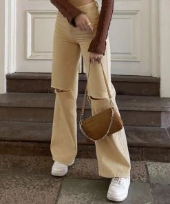 Trendy & Unique Vibrant '90s Cut Out High Waist Straight Leg Jeans - Khaki