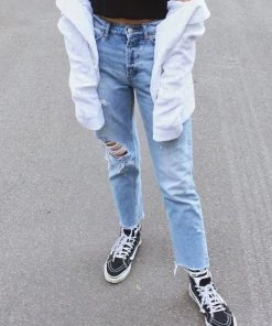 Trendy & Unique Vibrant Cut Out Faded Frayed Straight Leg Jeans - Light Blue