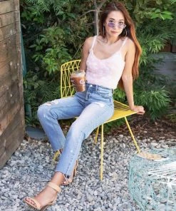 Trendy & Unique Vibrant Cut Out Faded Frayed Straight Leg Jeans - Light Blue