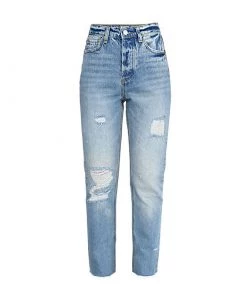 Trendy & Unique Vibrant Cut Out Faded Frayed Straight Leg Jeans - Light Blue
