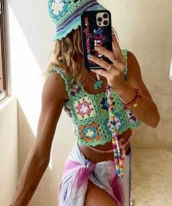 Trendy & Unique Vibrant Floral Pullover Square Neck Crochet Knit Tank Top - Mint