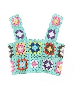 Trendy & Unique Vibrant Floral Pullover Square Neck Crochet Knit Tank Top - Mint