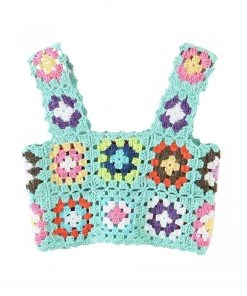 Trendy & Unique Vibrant Floral Pullover Square Neck Crochet Knit Tank Top - Mint