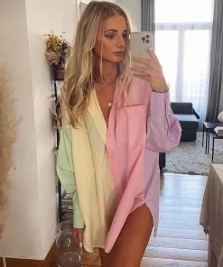 Trendy & Unique What's New Vibrant Rainbow Color Long Sleeve Button Down Shirt - Multicolor